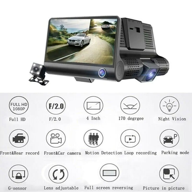 1080P 4" Dual Lens HD Car DVR Rearview Video Dash Cam Recorder Camera G-Sensor