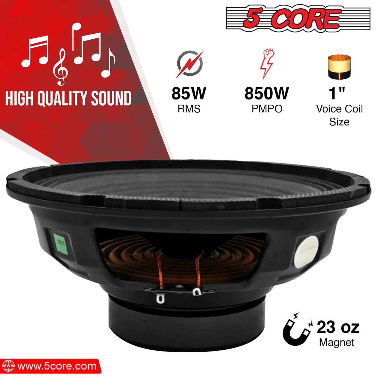 5Core 10 inch Subwoofer Speaker 850W Peak 4 Ohm Replacement Full Range Car Sub Woofer