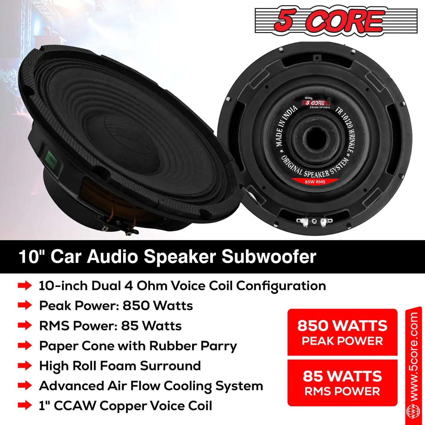 5Core 10 inch Subwoofer Speaker 850W Peak 4 Ohm Replacement Full Range Car Sub Woofer