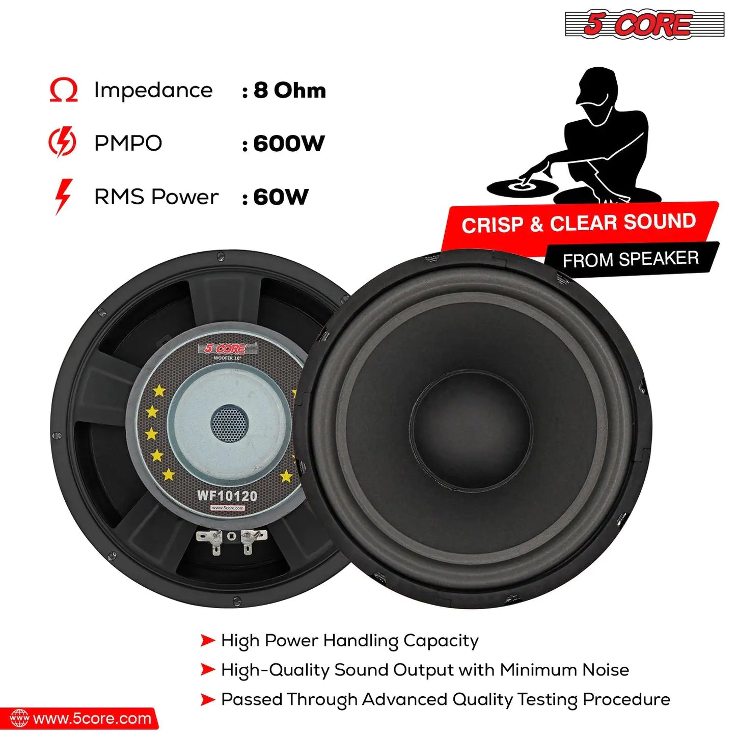 5Core 10 inch Subwoofer Speaker 600W Peak 8Ohm Car Replacement Sub Woofers