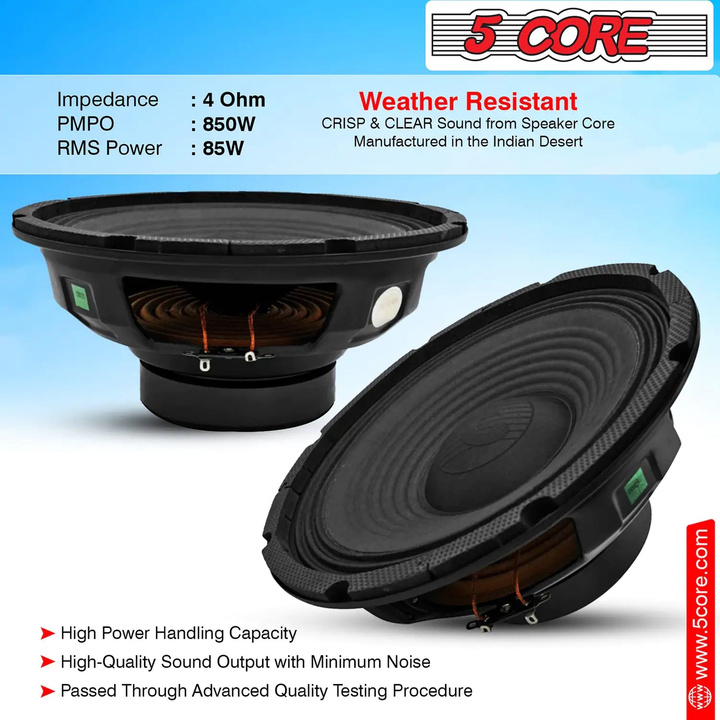 5Core 10 inch Subwoofer Speaker 850W Peak 4 Ohm Replacement Full Range Car Sub Woofer